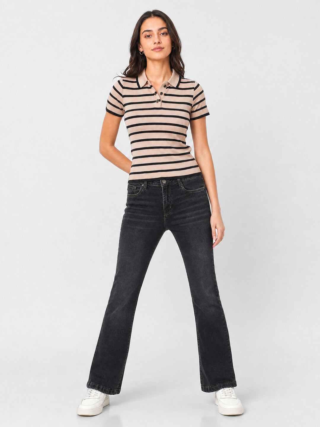 Women Black/Beige Flat Knit