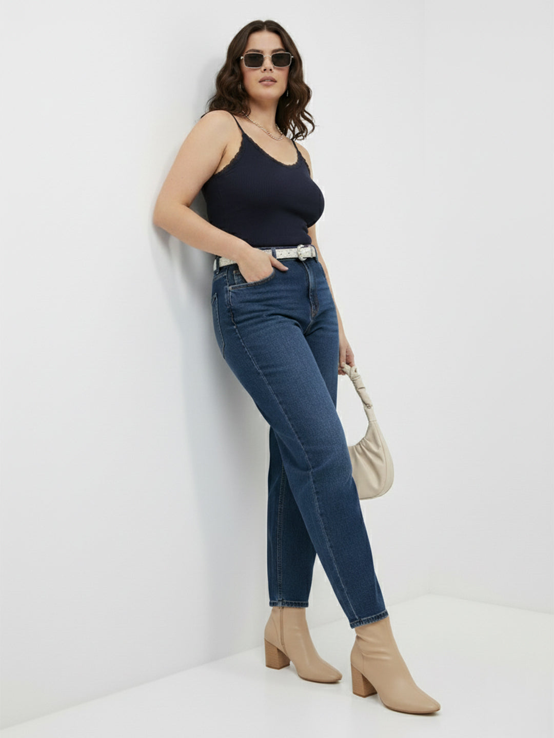 Women Dark Blue High-Rise Baggy Jeans