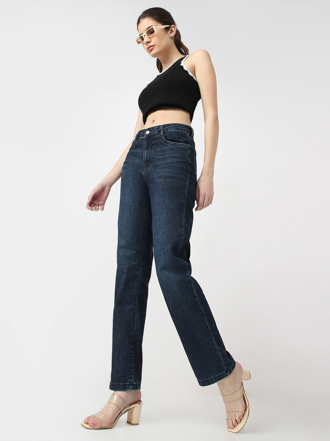 Women Dark Blue High-Rise Slim Straight Jeans