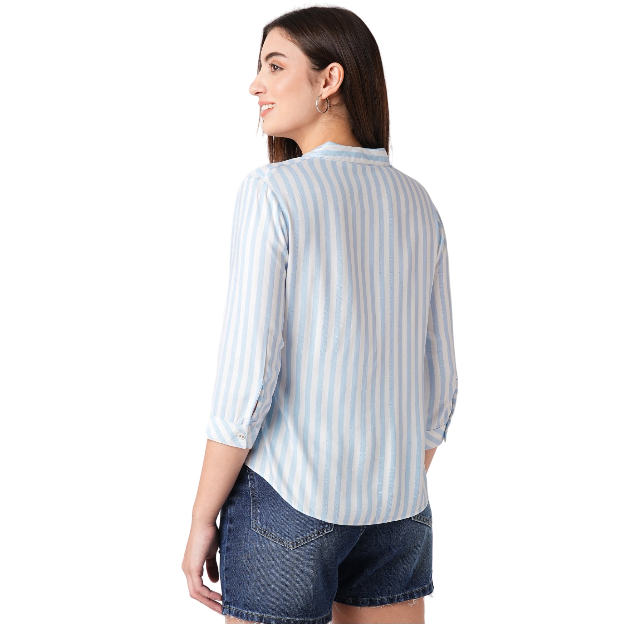 Women Sky-White Striped Shirt