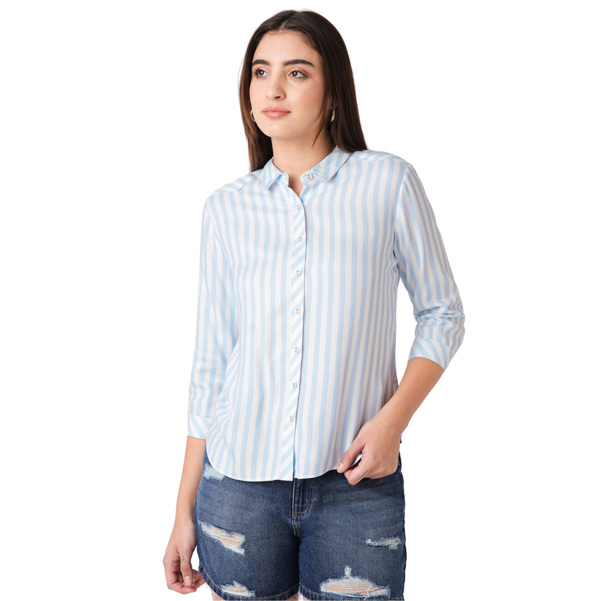 Women Sky-White Striped Shirt