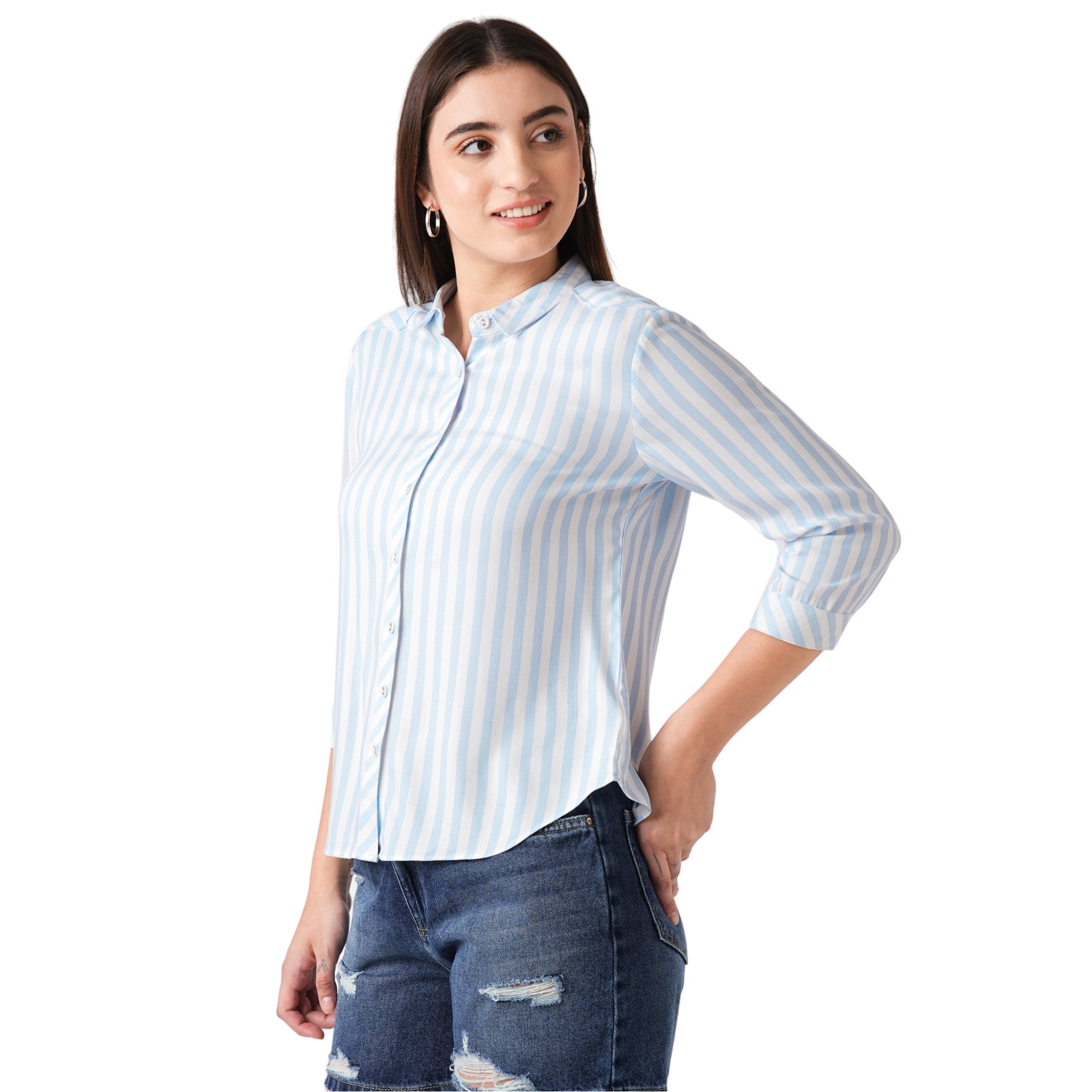 Women Sky-White Striped Shirt