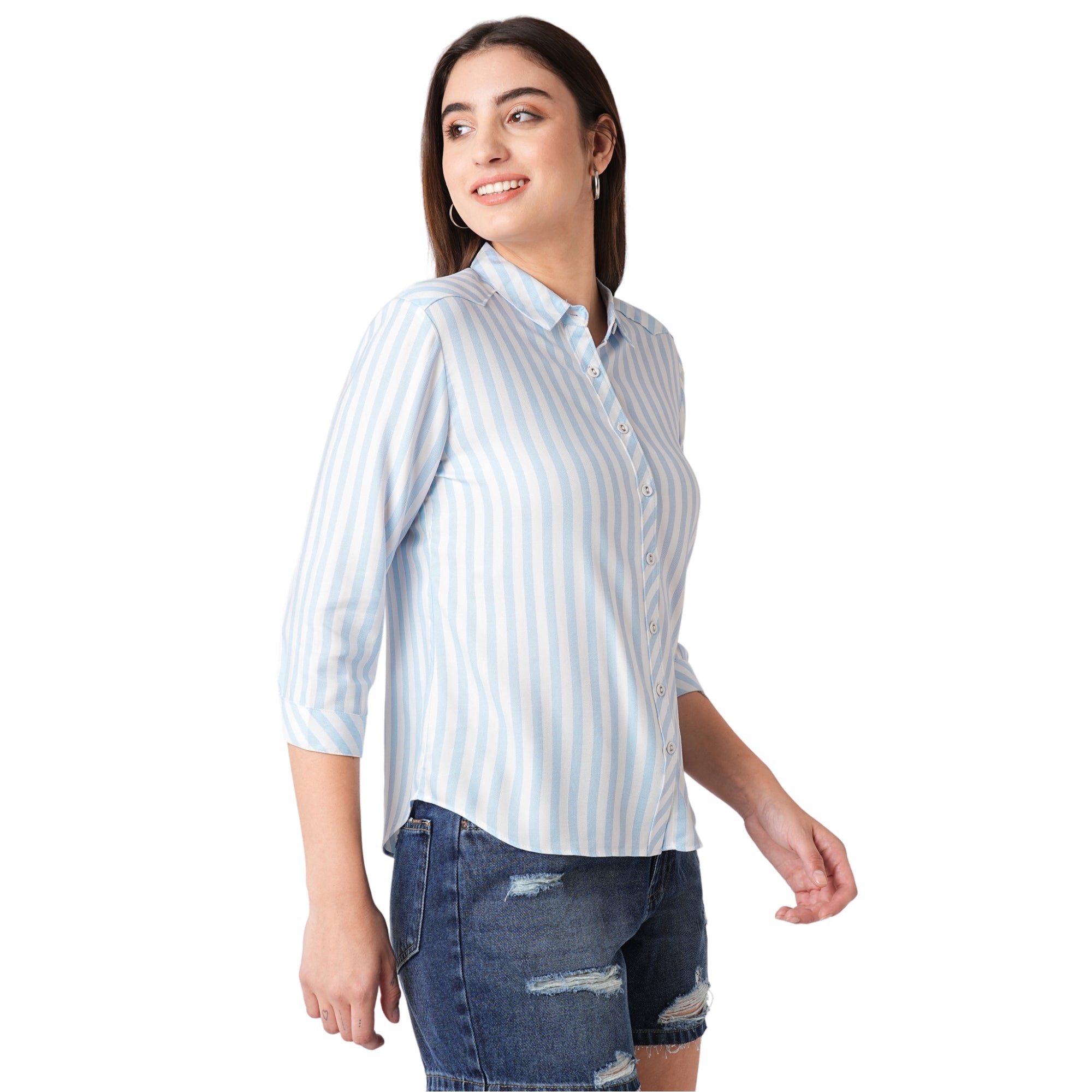 Women Sky-White Striped Shirt