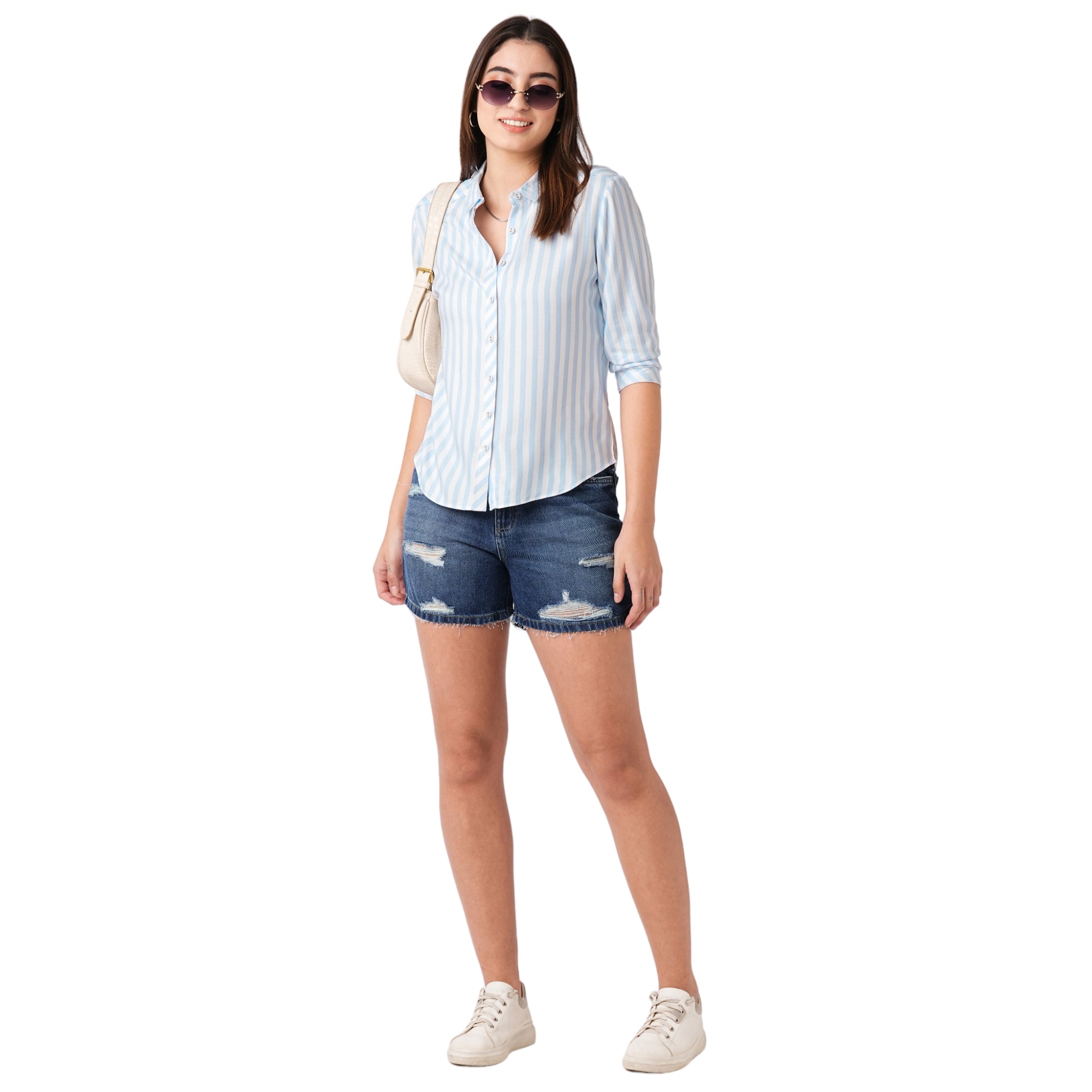 Women Sky-White Striped Shirt