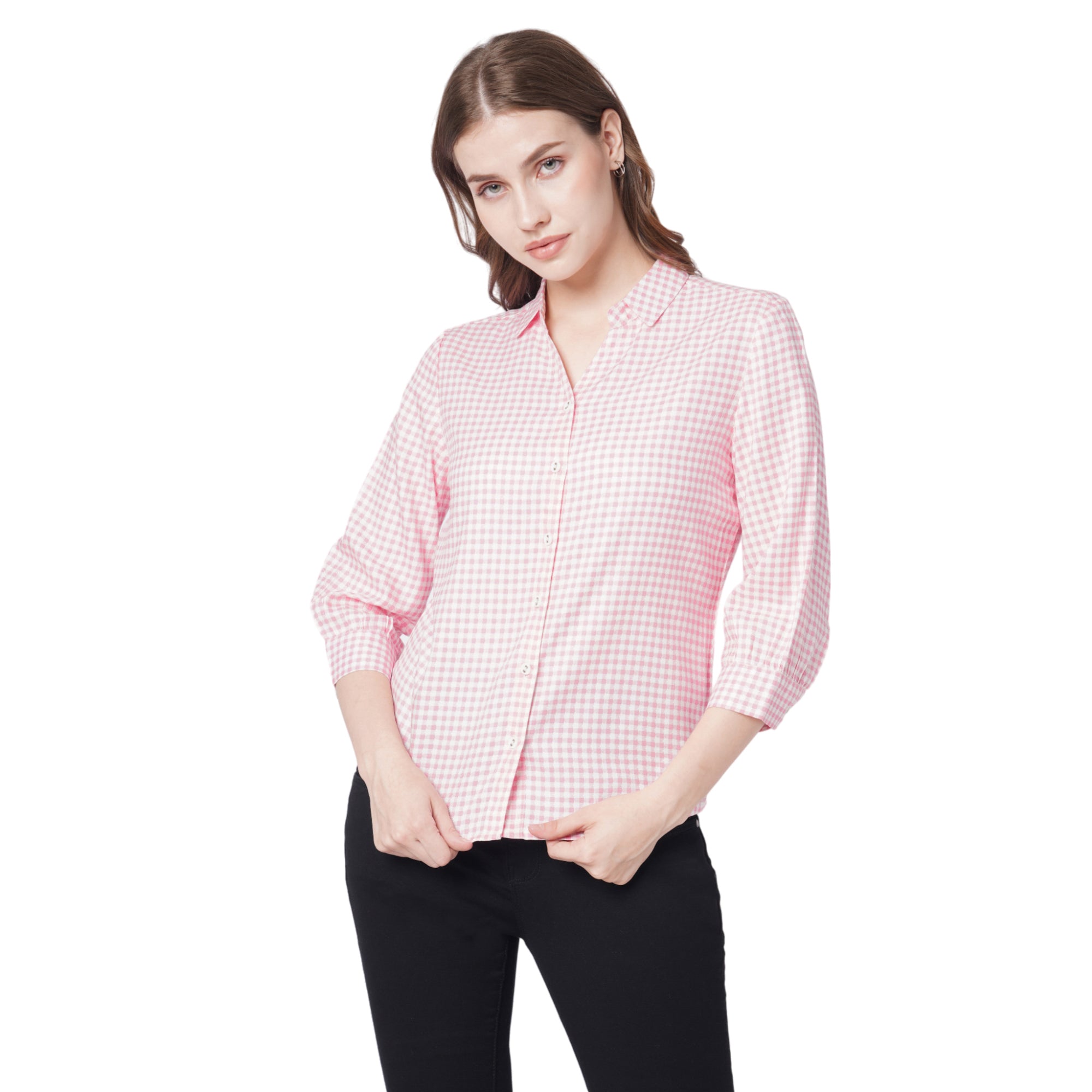 Women Coral/White Checks Shirt