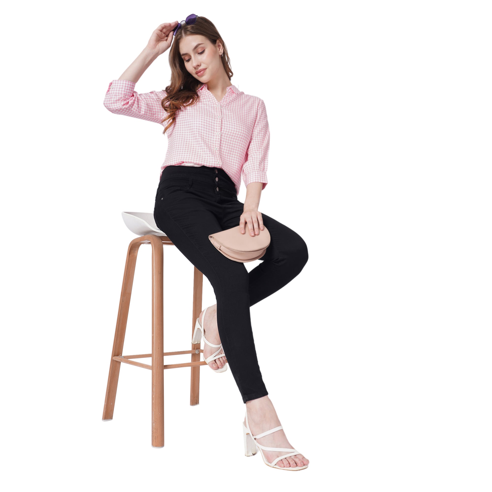 Women Coral/White Checks Shirt