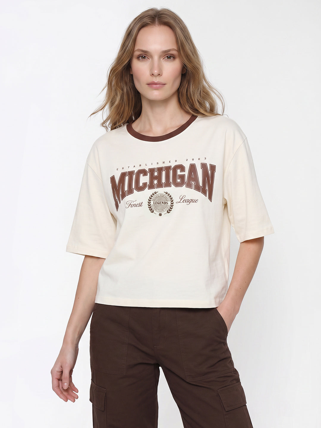 Women Ivory Graphic Crop Tees