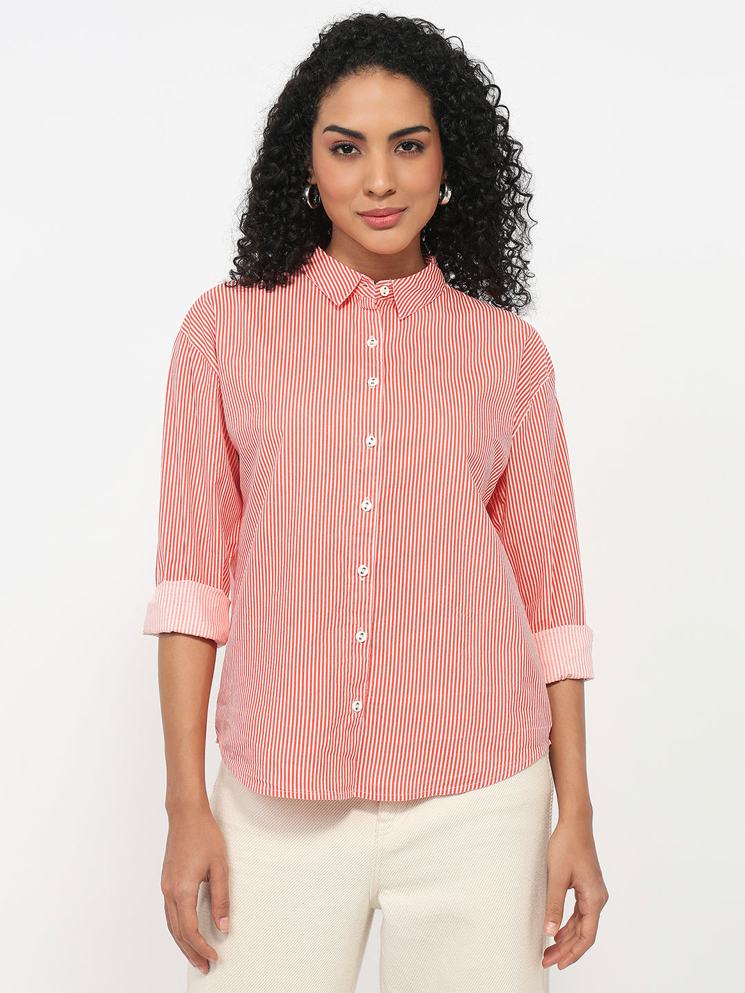 Women Flame/White Striped Oversized Shirt