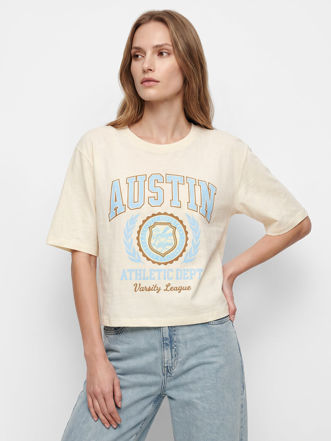 Women Ivory Graphic Crop Tees
