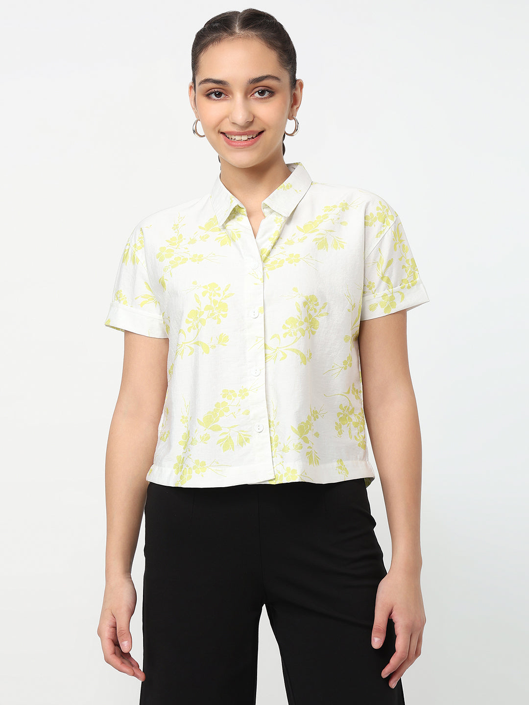 Women White/Lime Crop Shirt