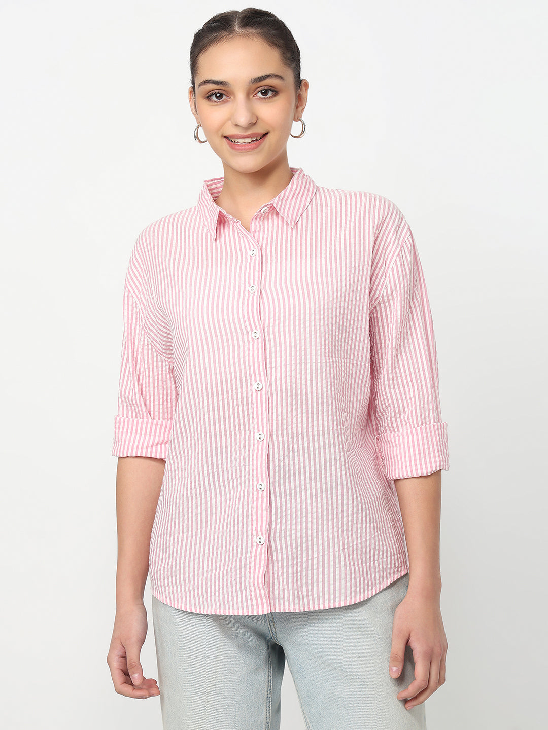 Women Pink/White Oversized Shirt