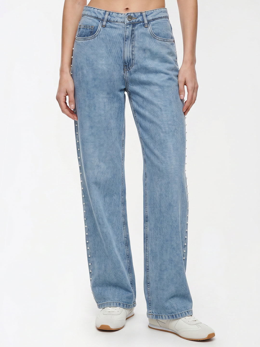 Women Blue Studded Pearl Wide Leg Jeans