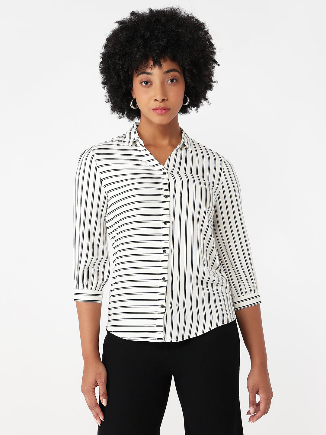 Women Black/White Slim Fit Stripe Shirt