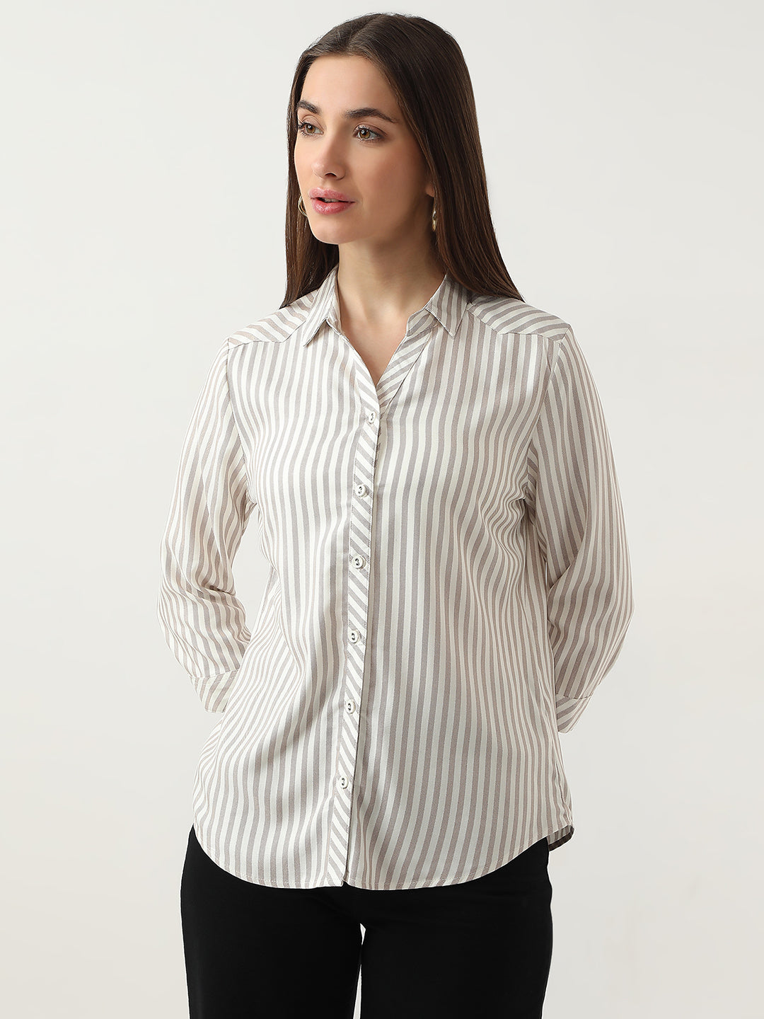 Women Brown/White Stripe Shirt