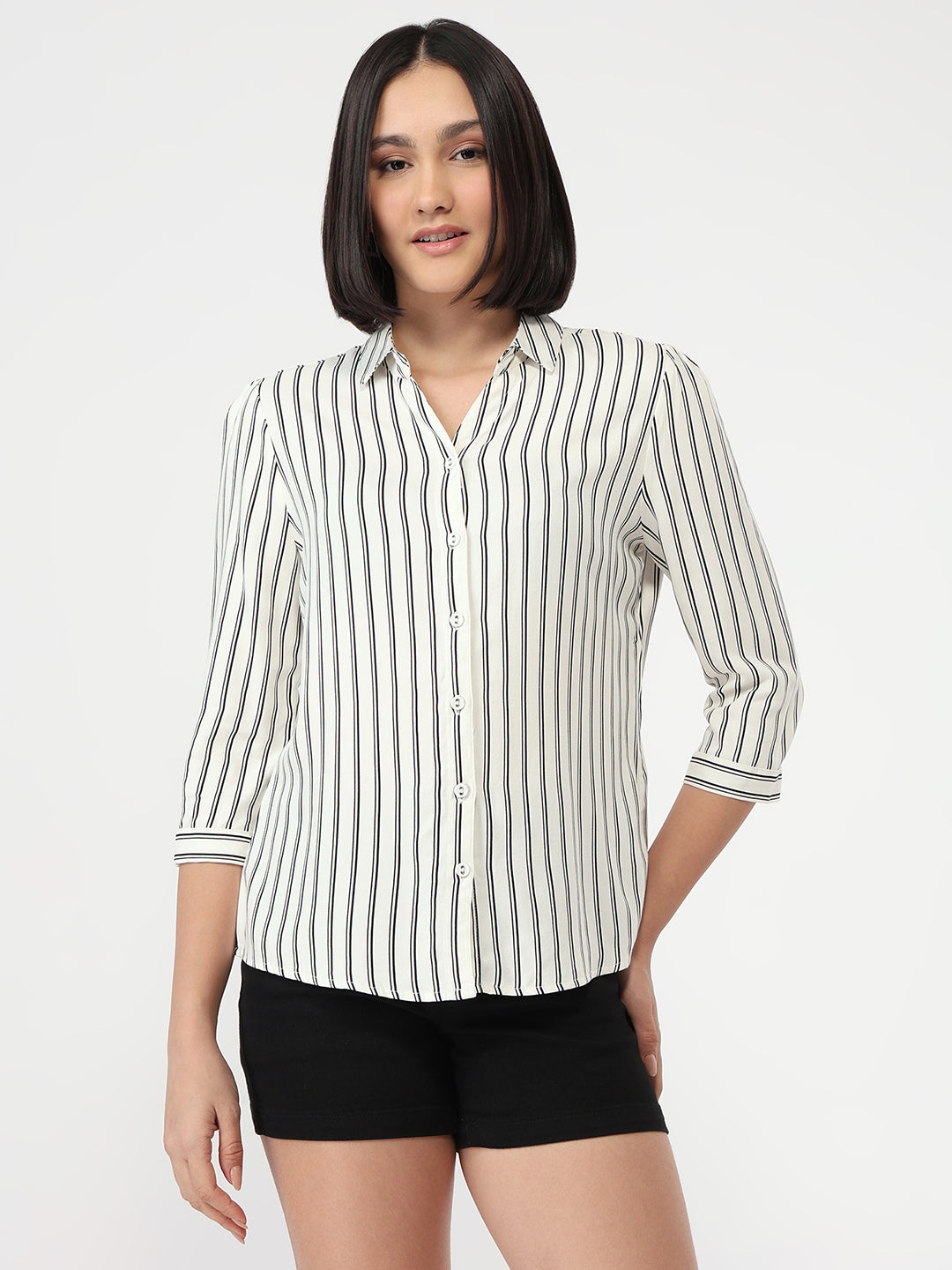 Women White/Black Slim Fit Stripe Shirt