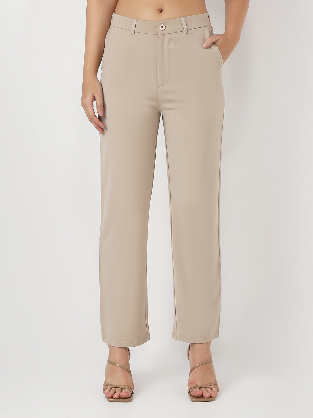 Women Beige Loose Straight Korean Pants