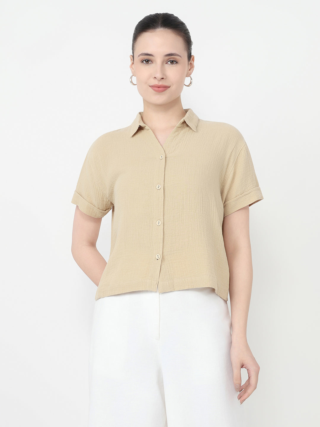 Women Oatmilk Crop Slim Shirt
