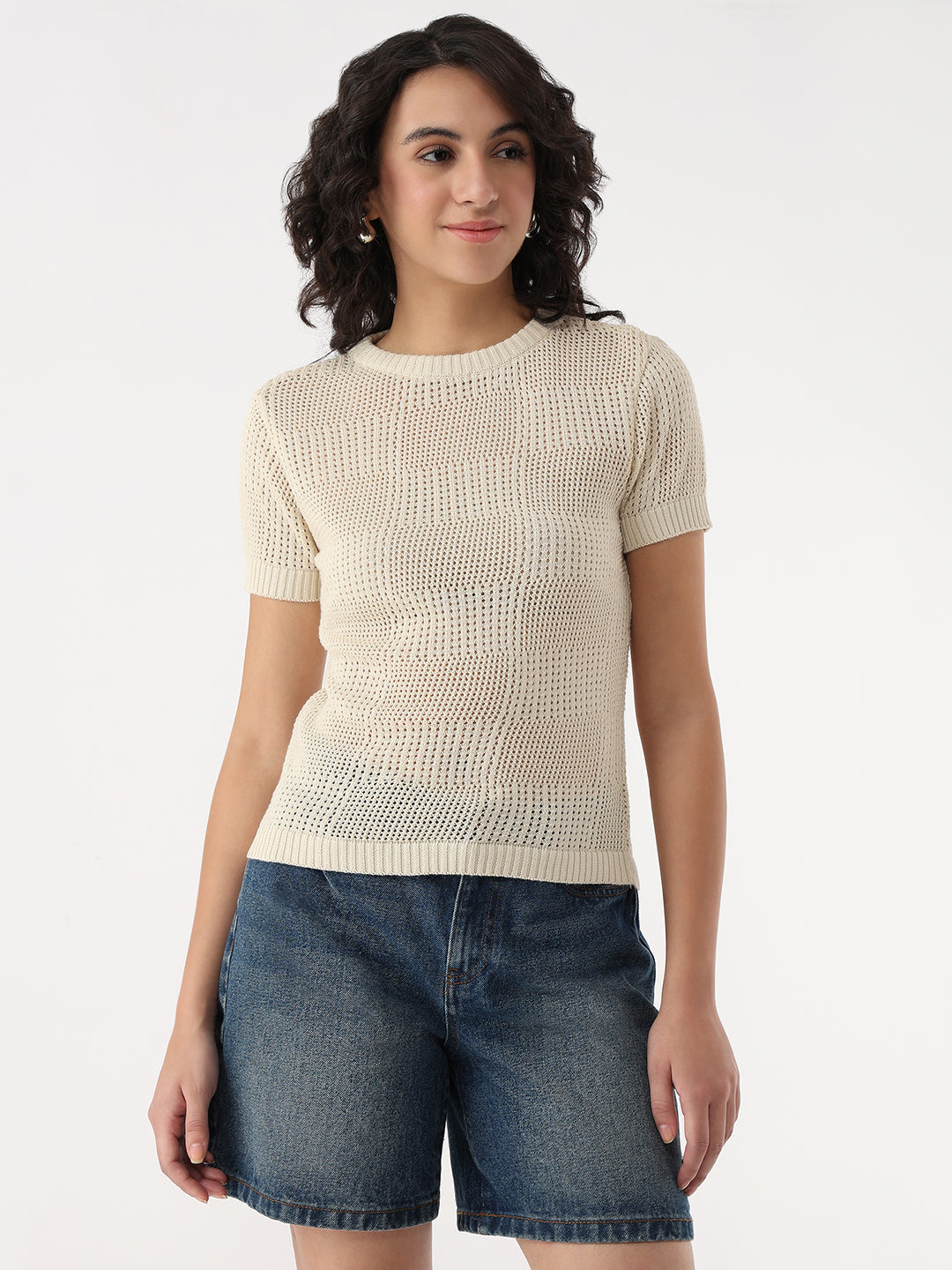 Women Ivory Slim Flat Knit Top