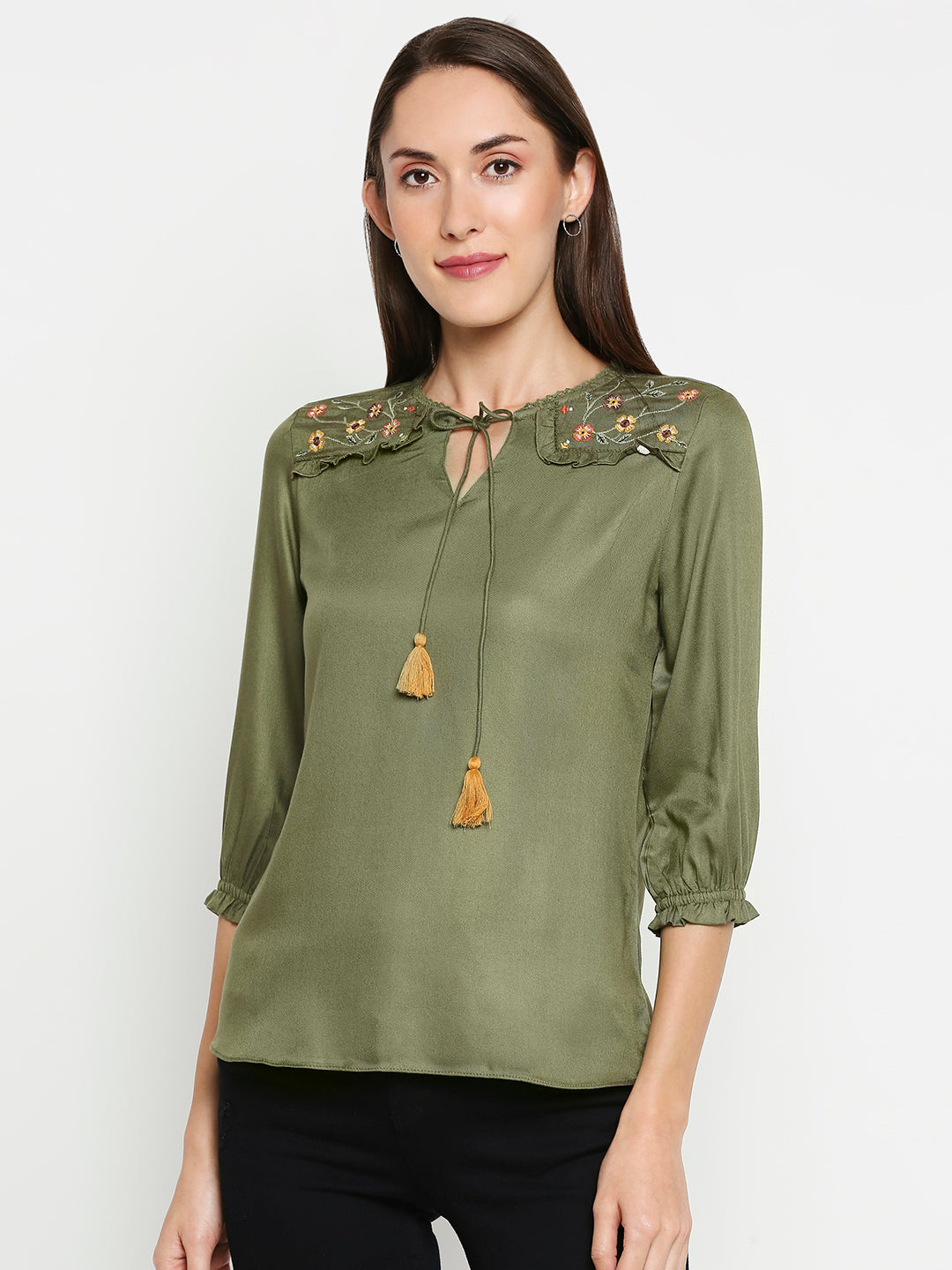 Women Olive Embroidery Top
