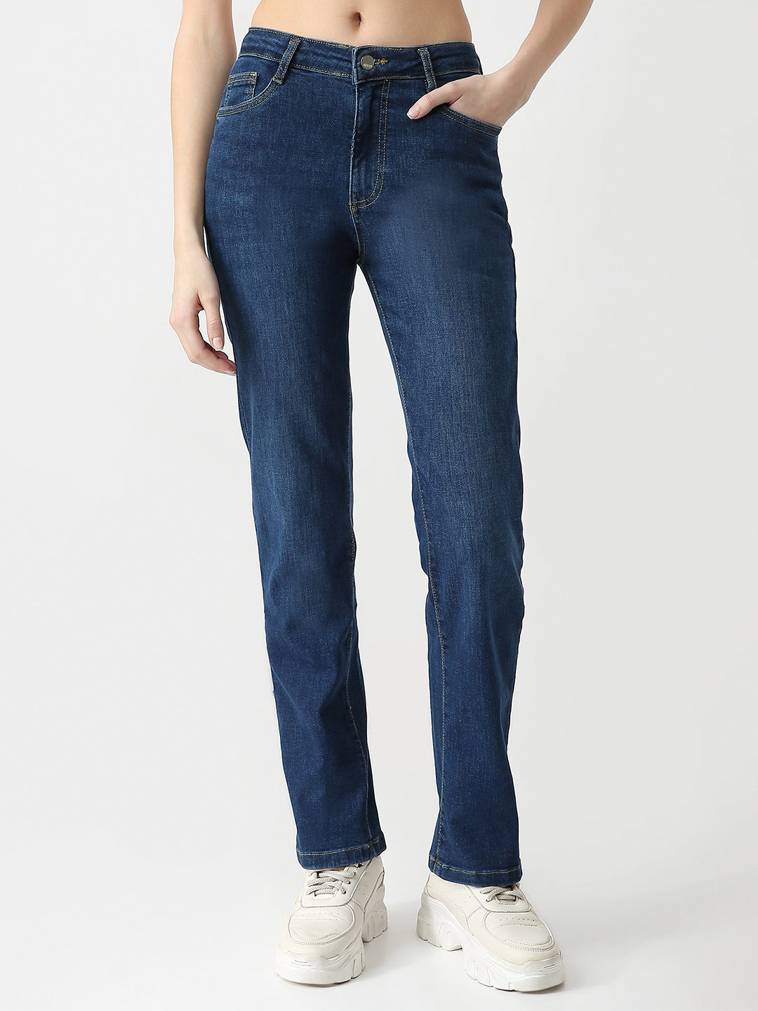 Women Blue High-Rise Slim Straight Jeans