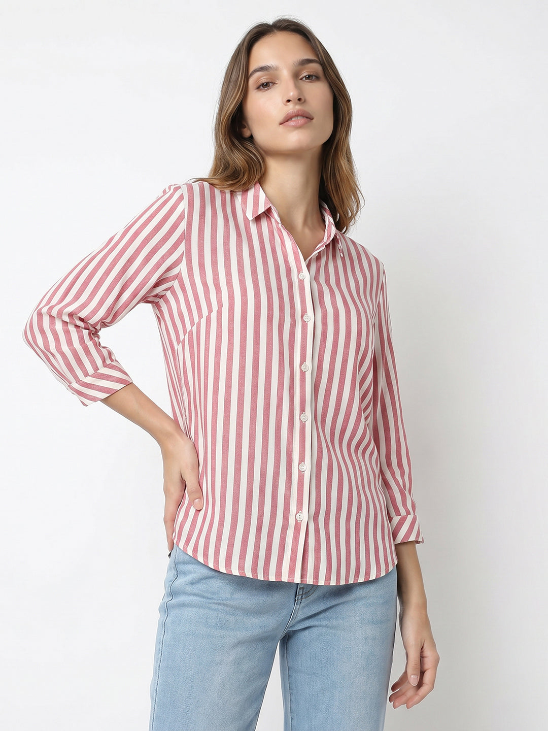 Women Dusty Pink/White Stripe Shirt