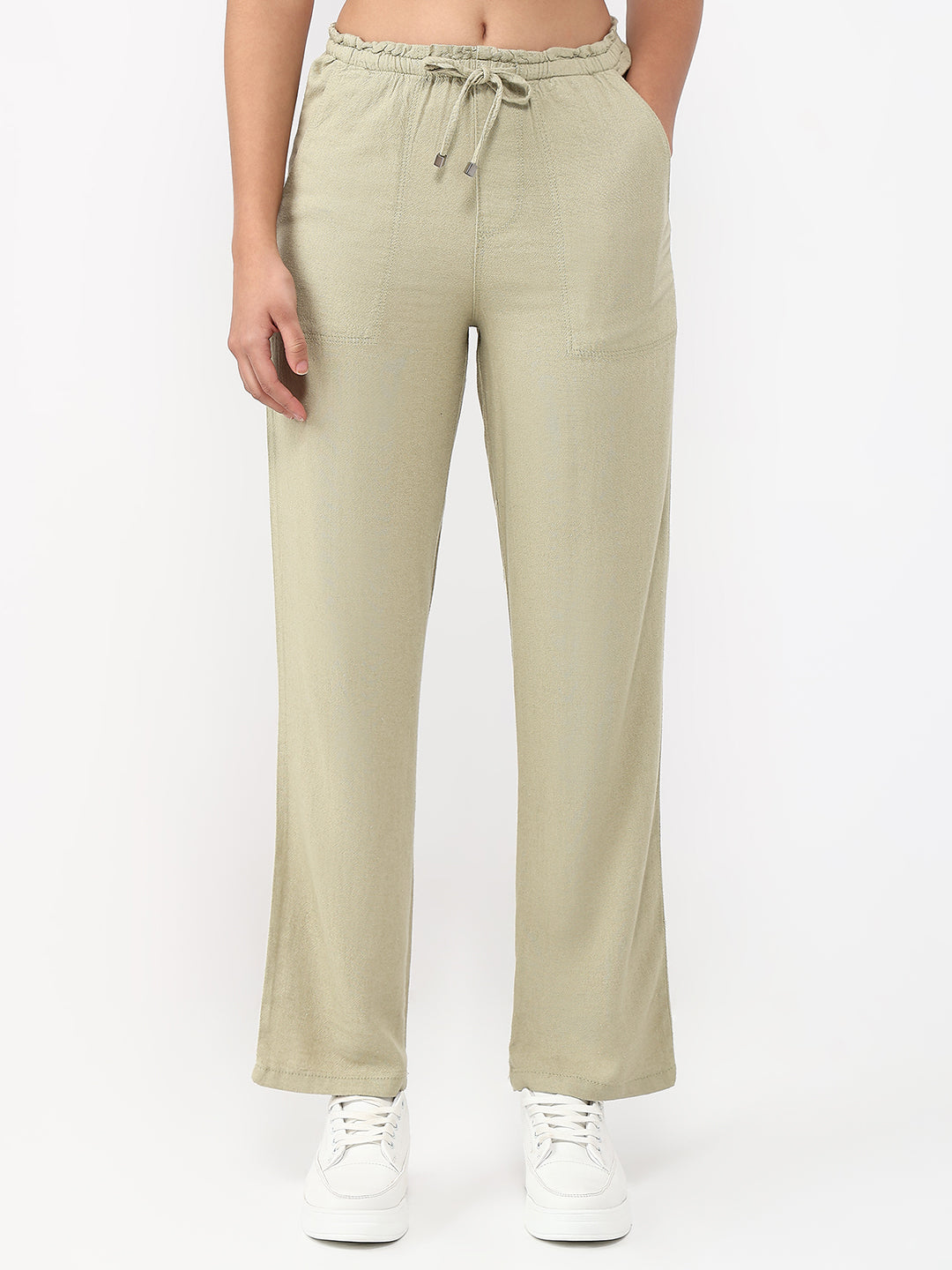 Women Light Olive High-Rise Paper Bag Pants