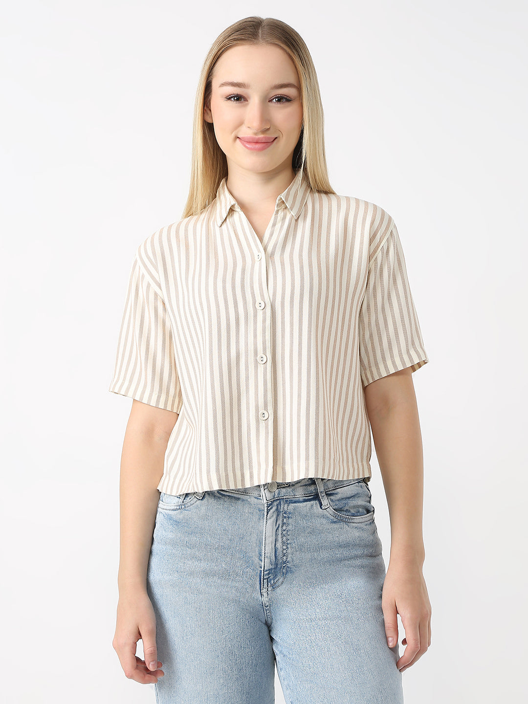 Women Beige/Ivory Crop Stripe Shirt