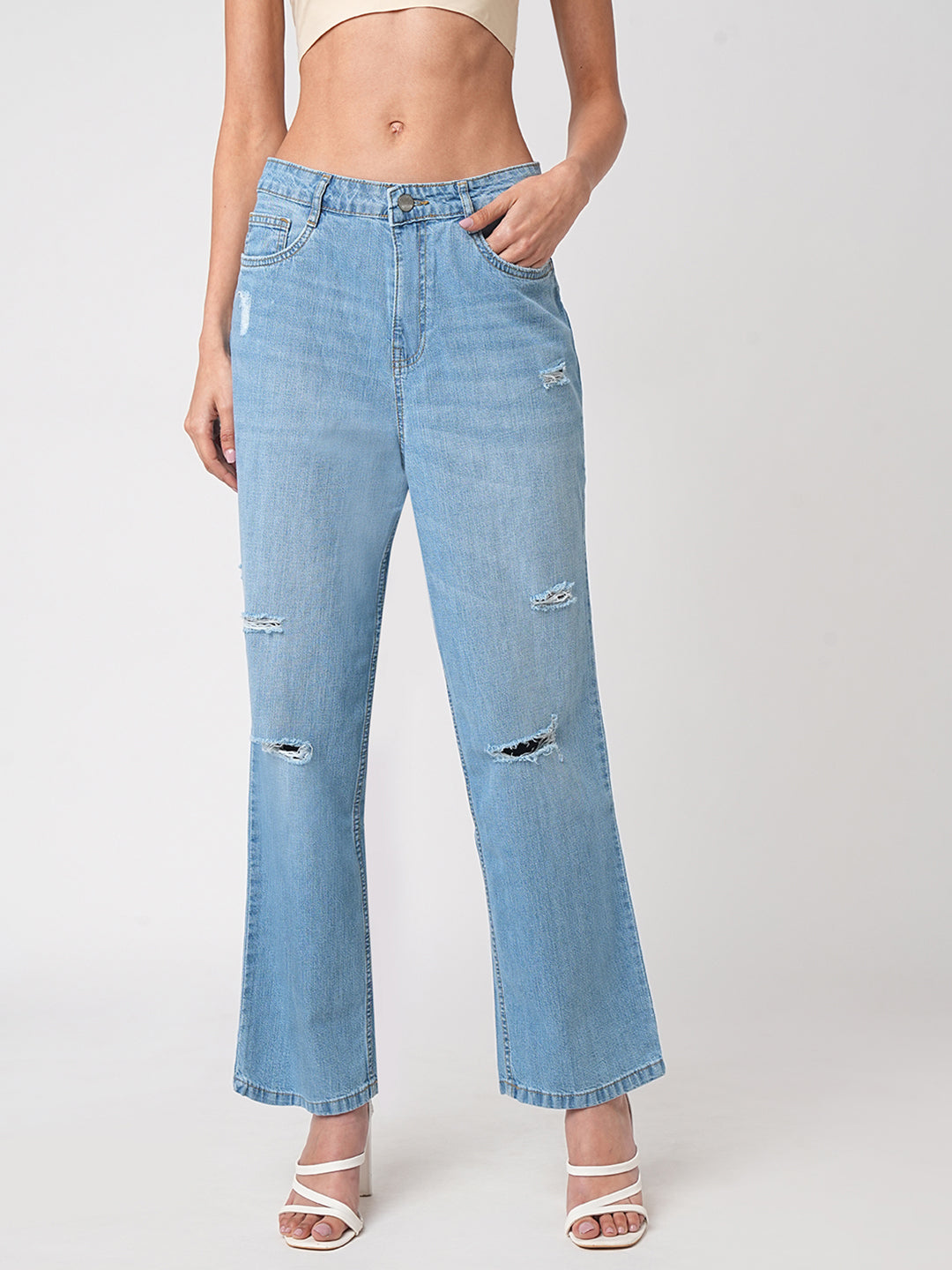 Women Blue High-Rise Loose Straight Jeans