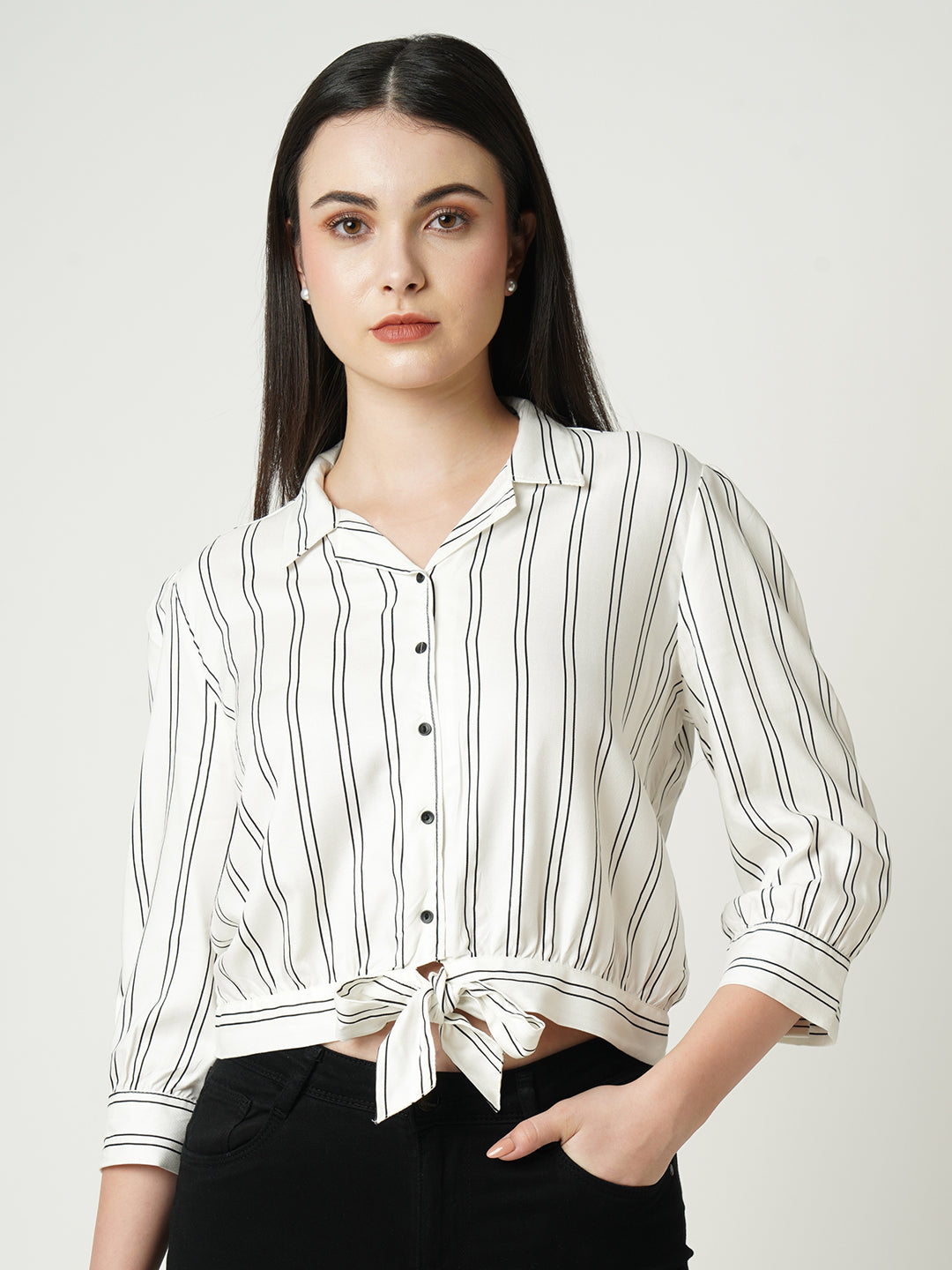 Women Black & White Slim Crop Shirt