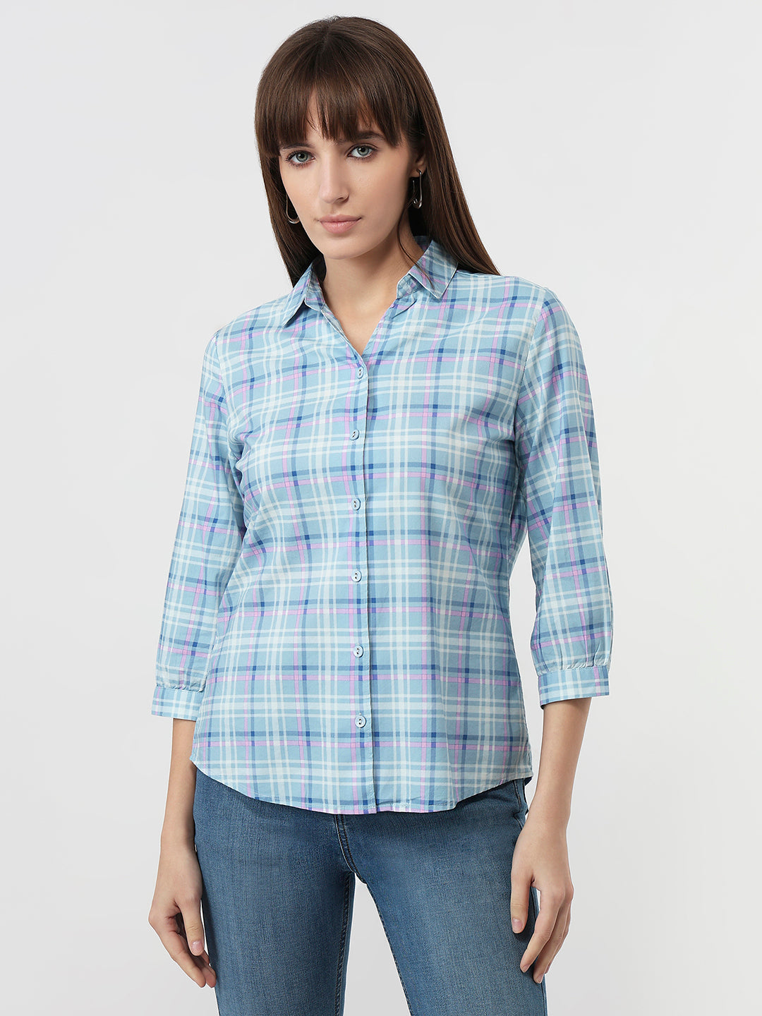 Women Powder Blue Checks Slim Fit Shirt