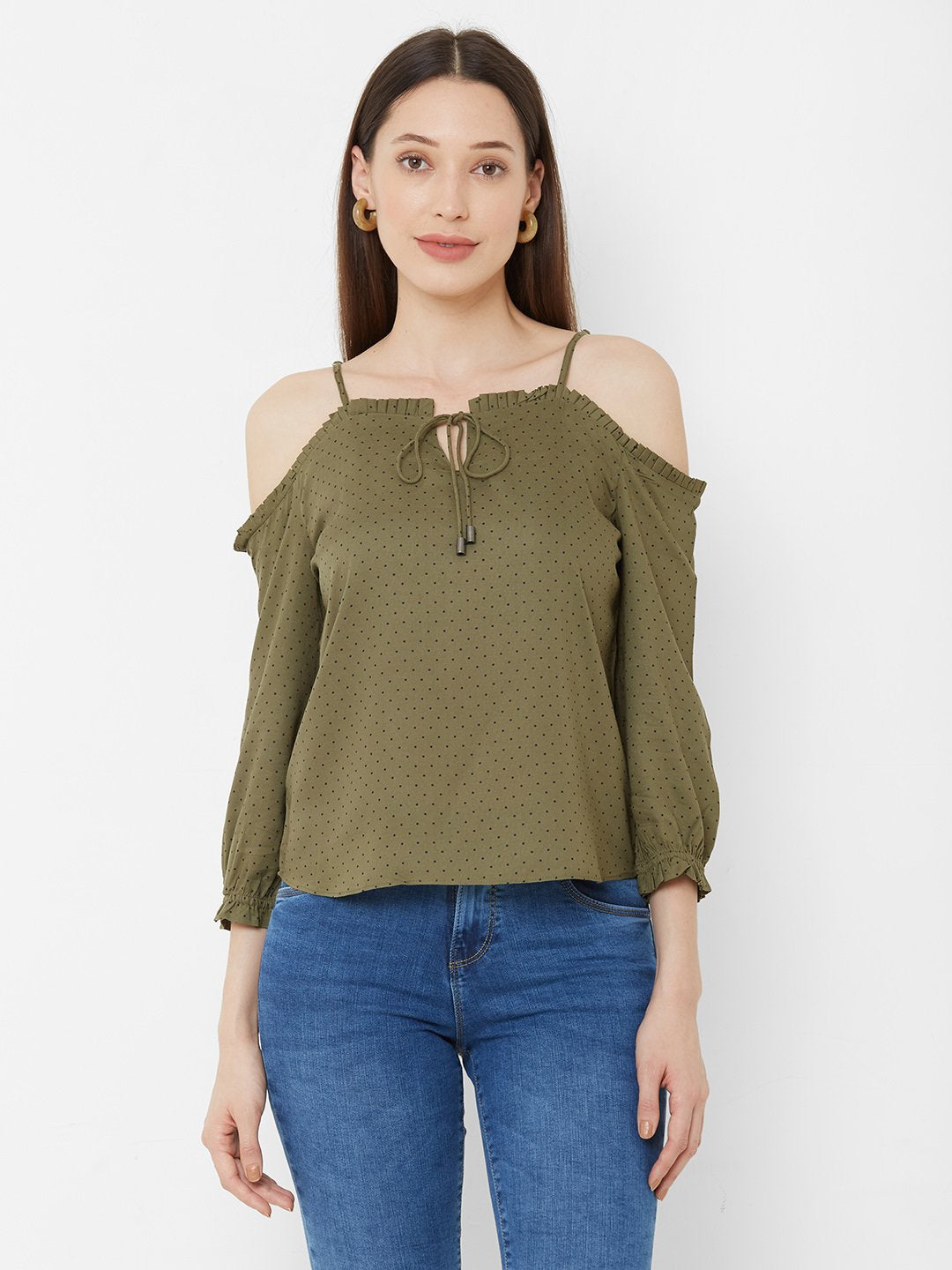 Women Olive Polka Dot Top