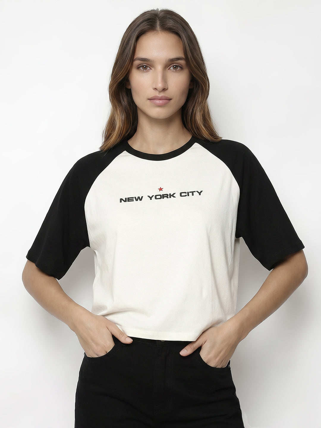 Women Ivory/Black Graphic Crop Tees