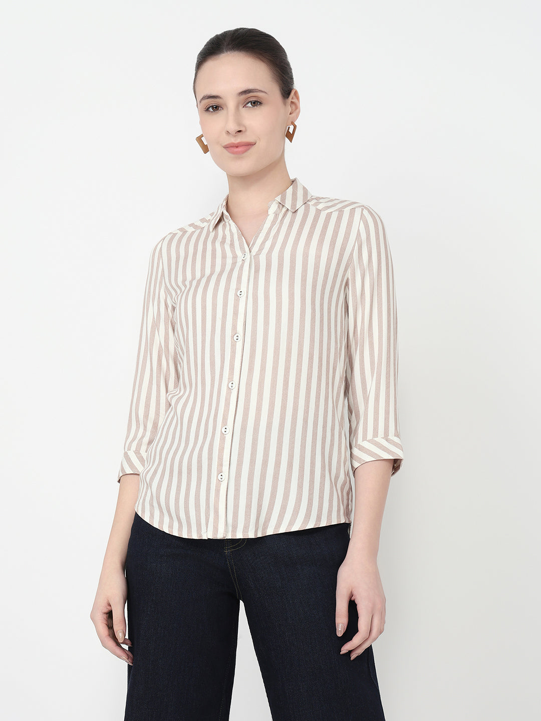 Women Brown/White Slim Fit Shirt