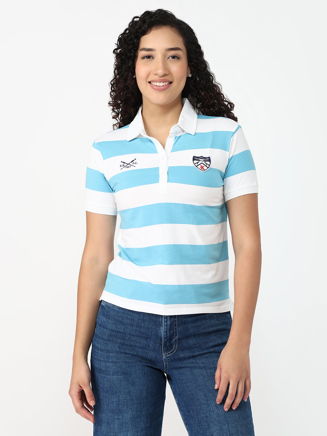 Women Sky/White Slim Fit Polo T-Shirt