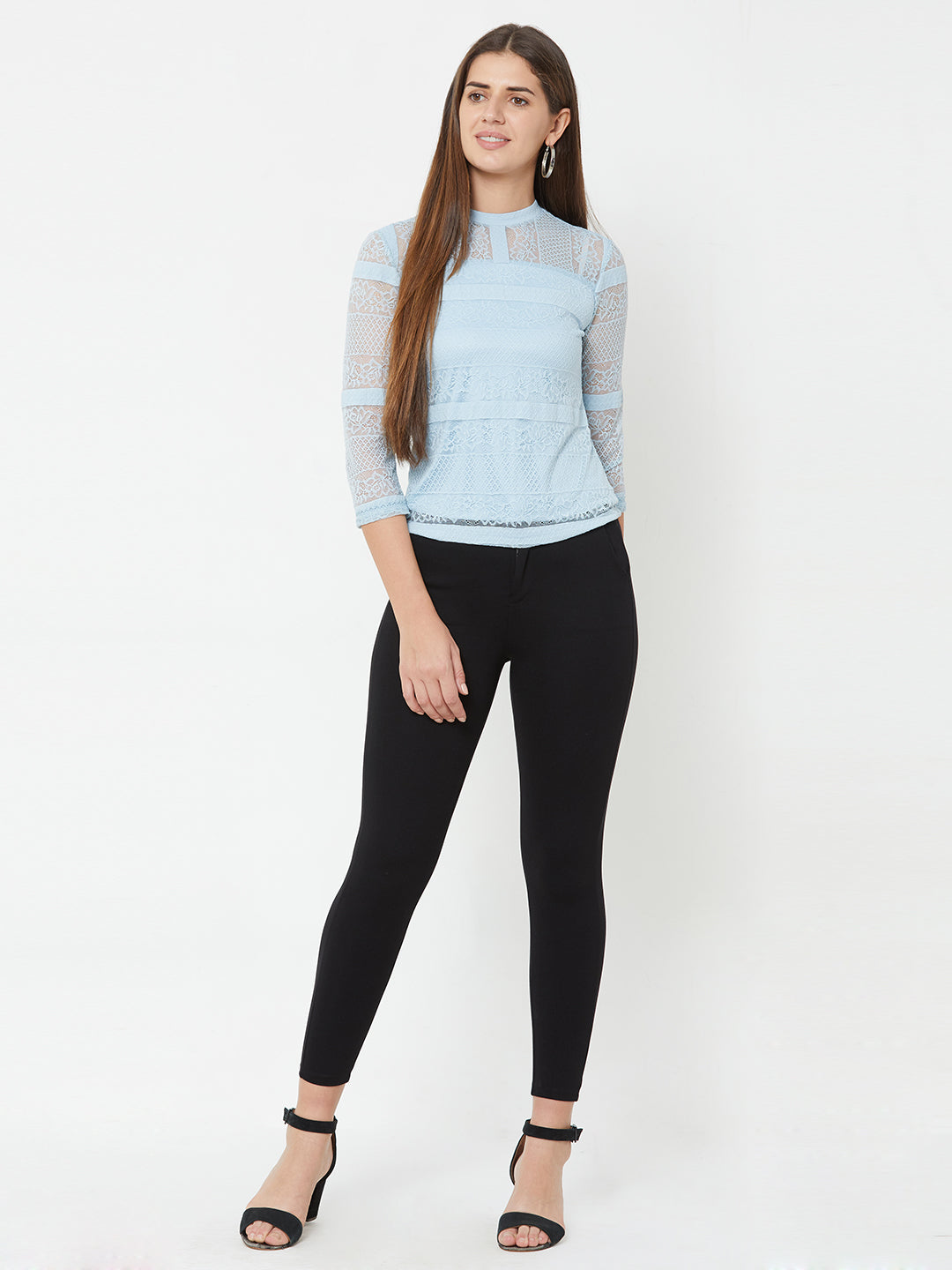 Women Aqua Blue Slim Lace Top