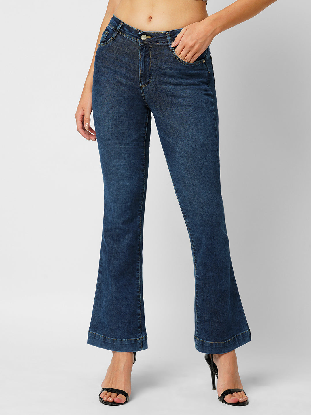 Women Dark Blue High-Rise Mini Flare Jeans
