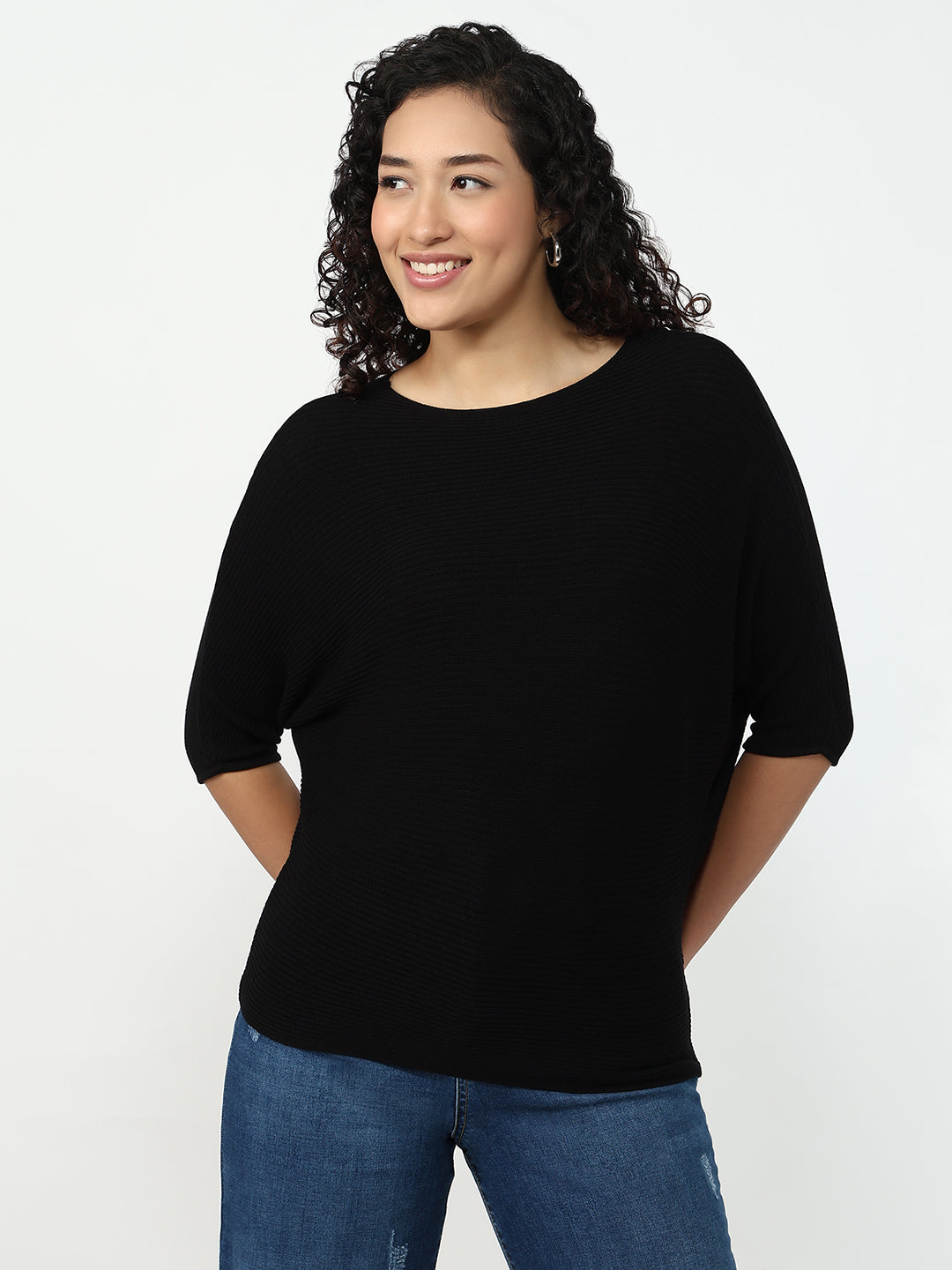 Women Black Slim Fit Batsleeve Top