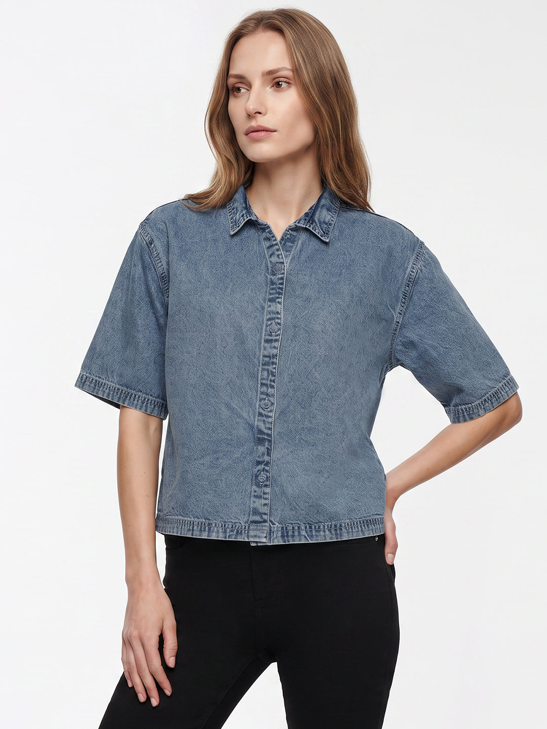 Women Light Blue Crop Denim Shirt