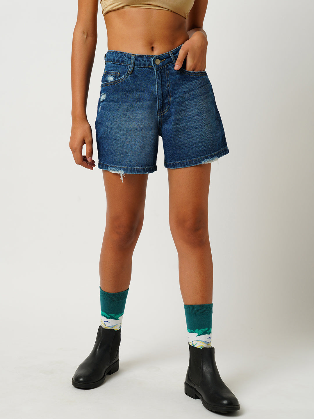 Women Dark Blue High-Rise Slim Shorts