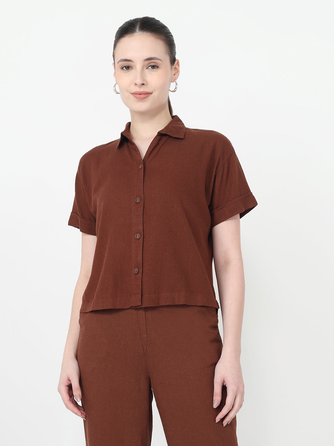 Women Sepia Slim Fit Crop Shirt