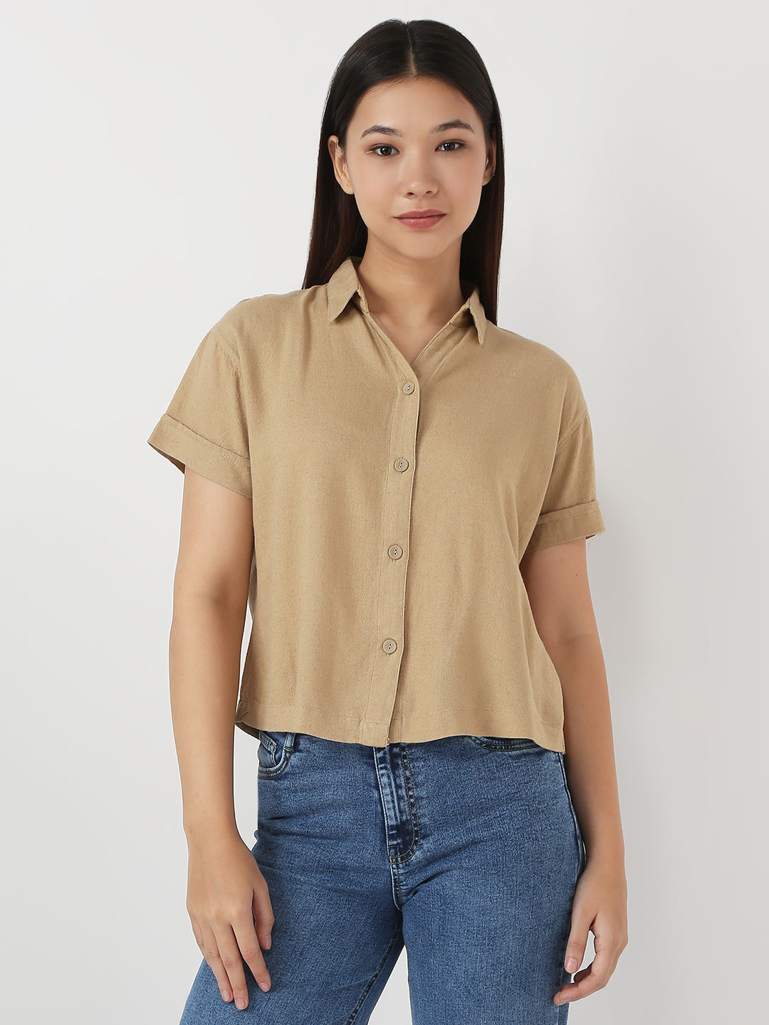 Women Light Brown Slim Crop Shirt