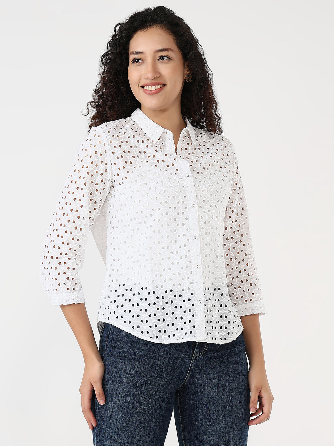 Women White Slim Schiffli Shirt