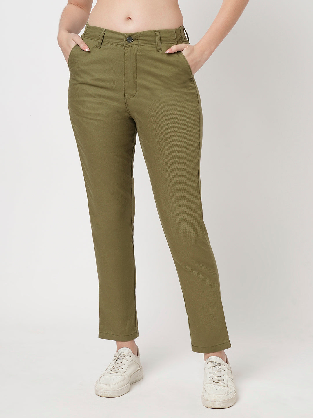 Women Light Olive Mid-Rise Slim Fit Trousers