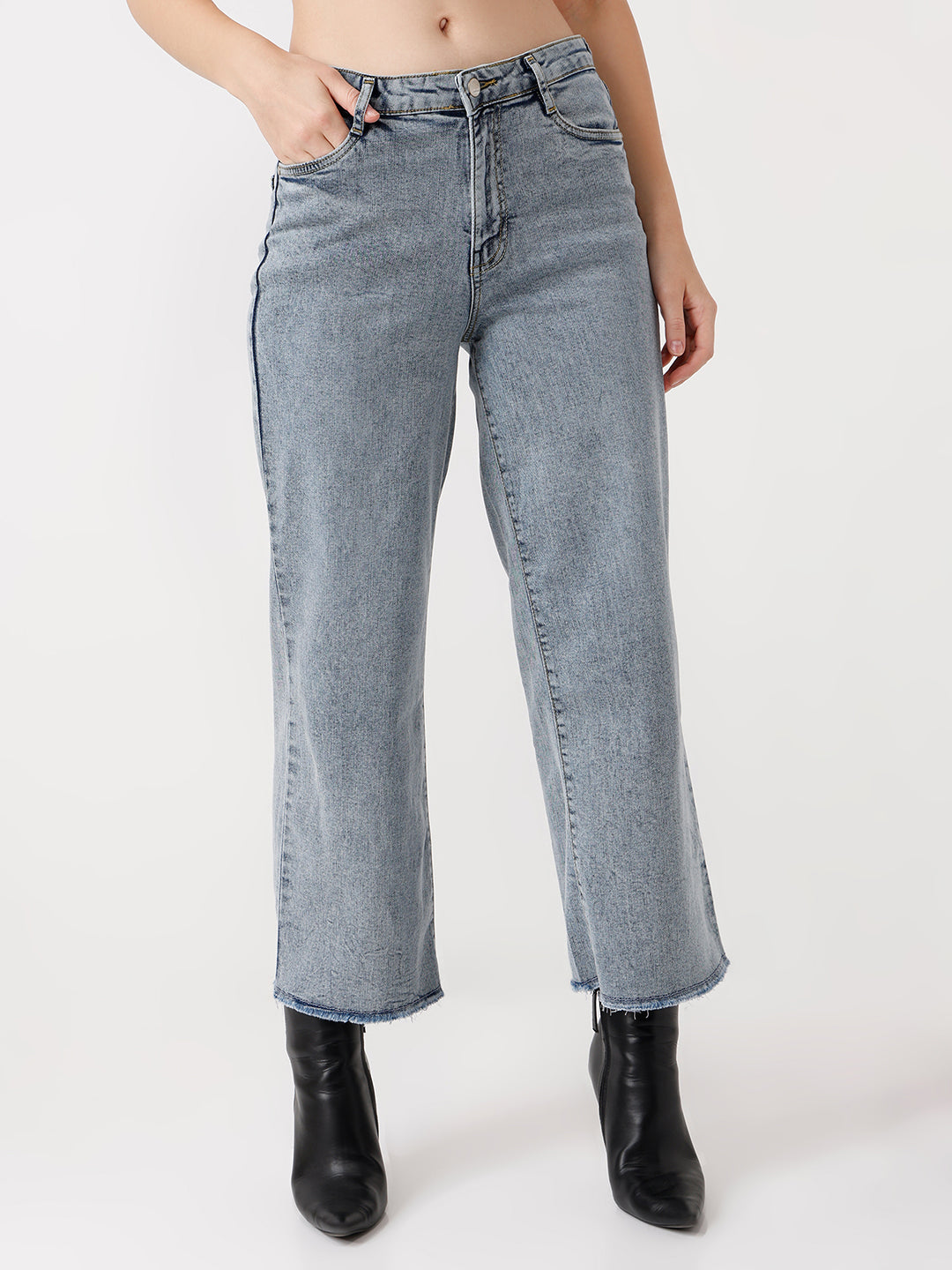 Women Blue Crop High-Rise Wide Leg Jeans