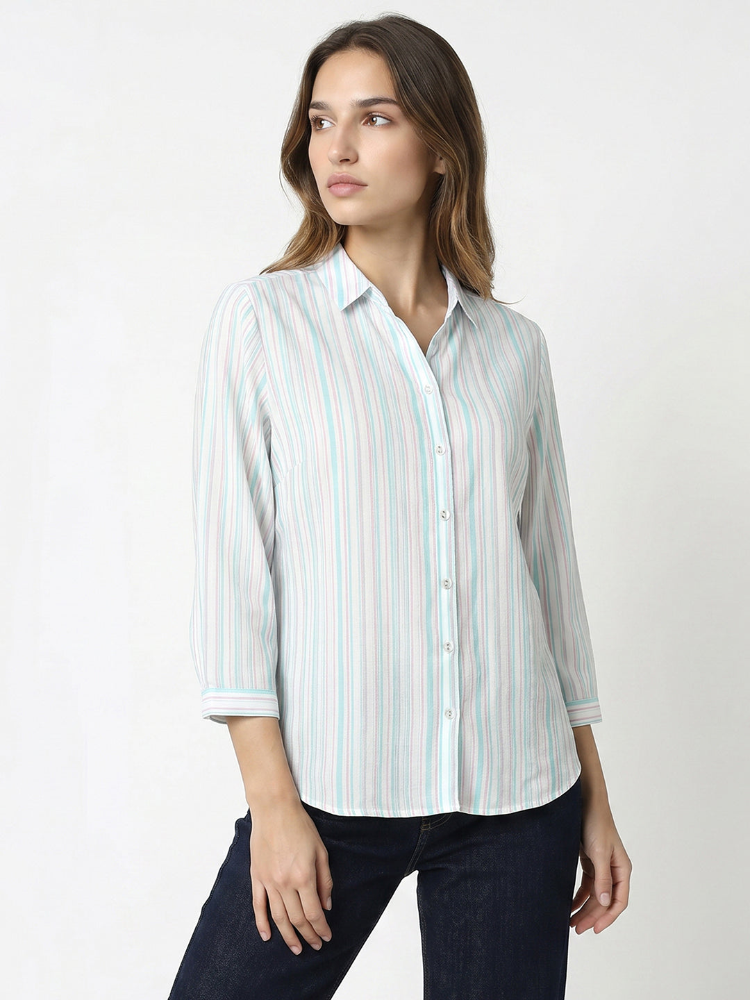 Women Aqua/Lavender Striped Shirt