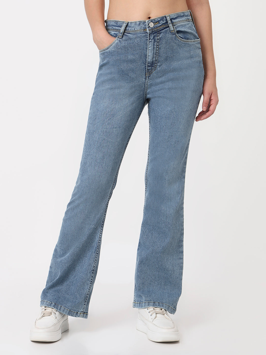 Women Blue High-Rise Mini Flare Jeans
