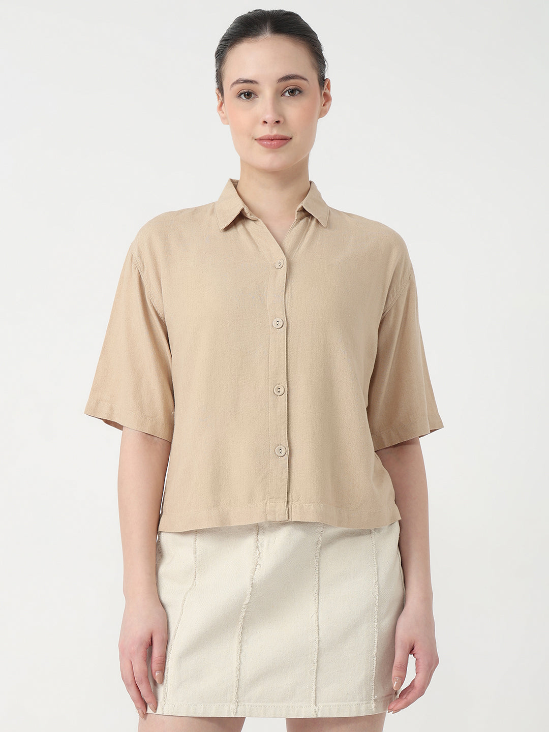 Women Oatmilk Slim Fit Crop Shirt