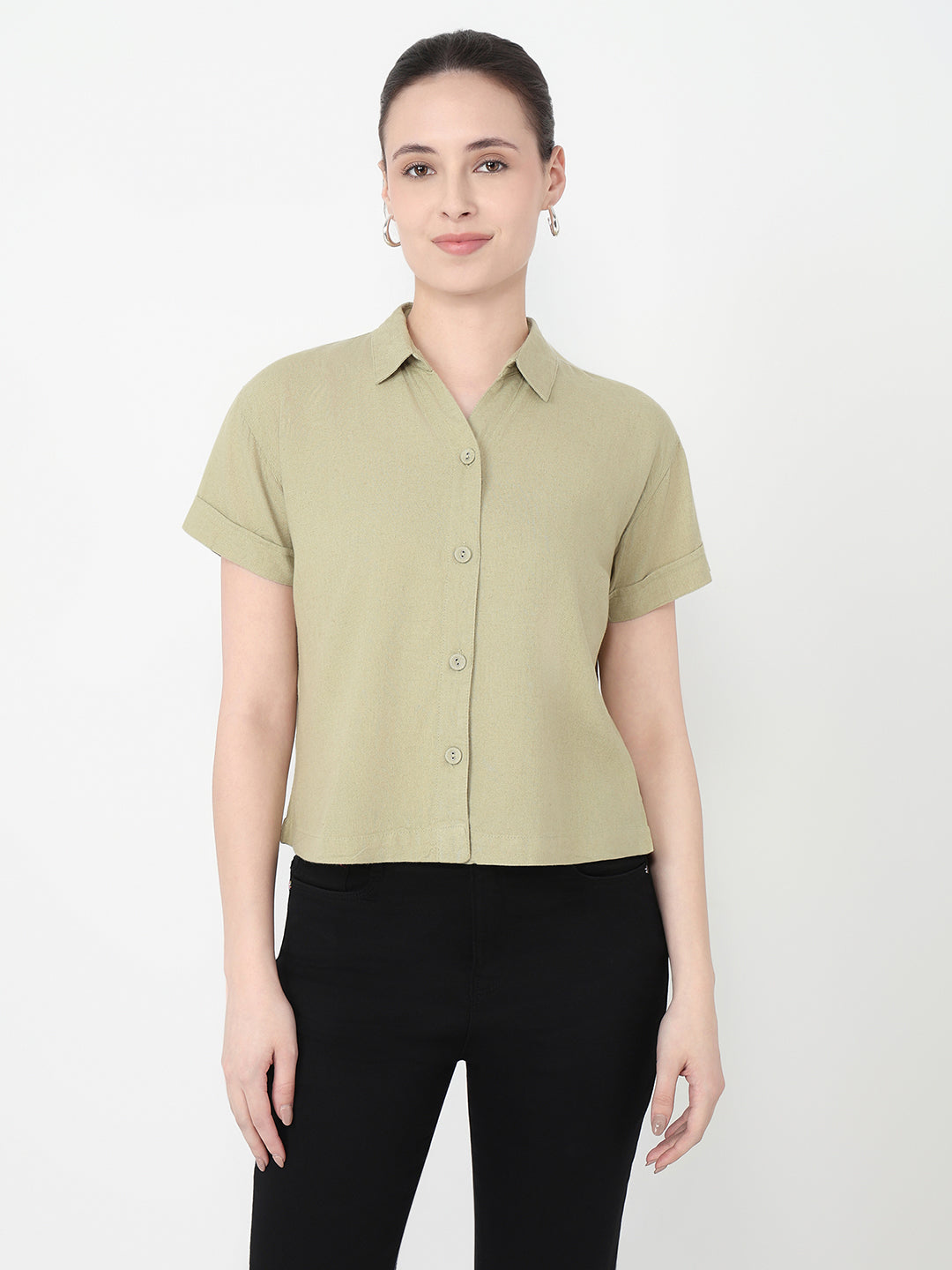 Women Light Olive Slim Fit Crop Shirt