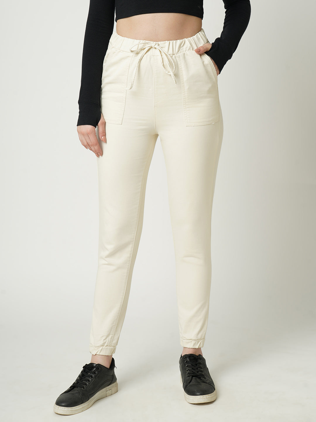Women Ecru Slim Fit Denim Joggers