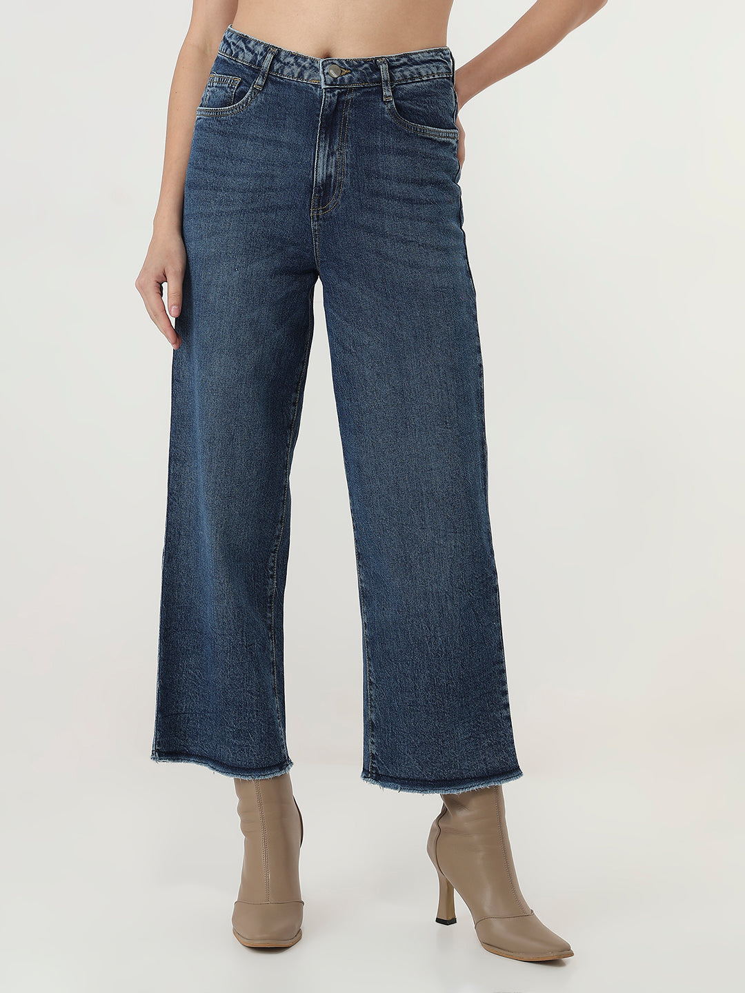 Women Blue High-Rise Crop Wide Leg Jeans